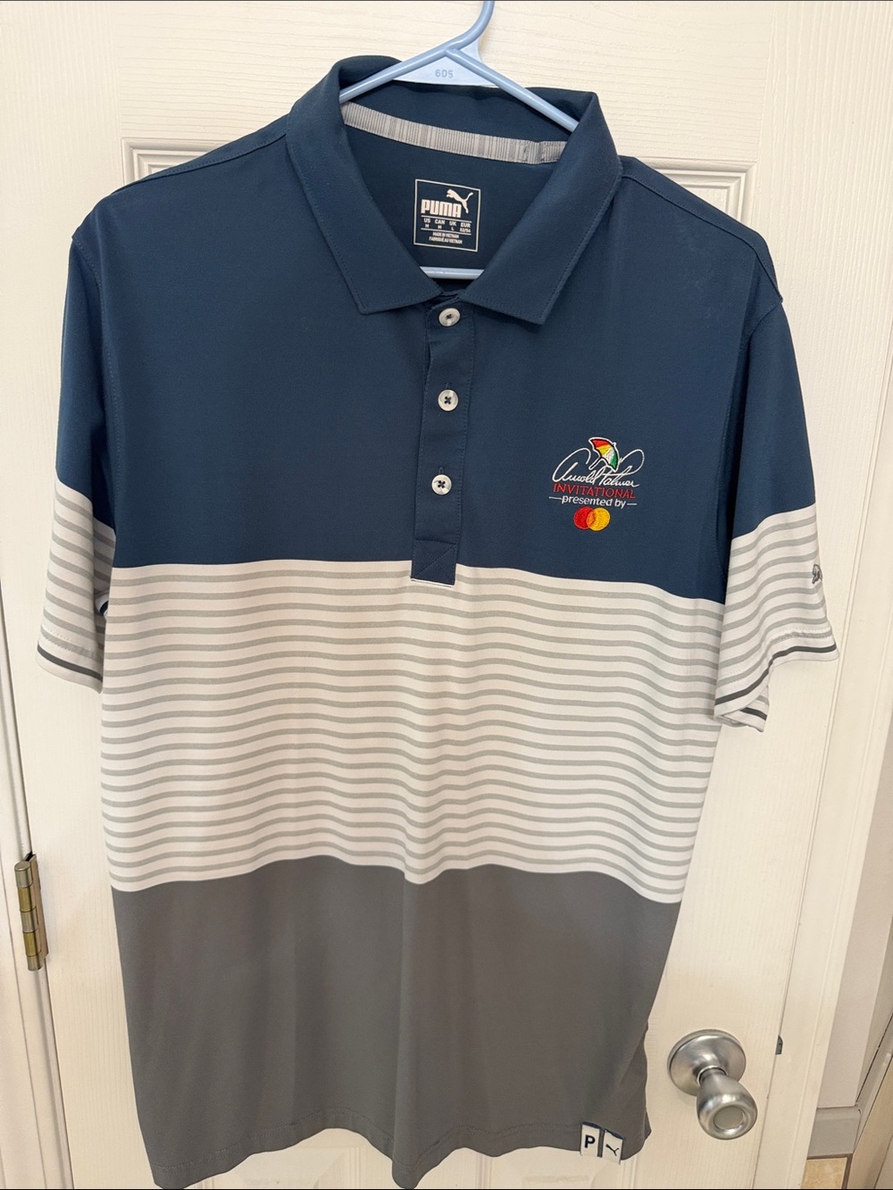 Puma Men’s Navy, Gray & White Striped Golf Polo